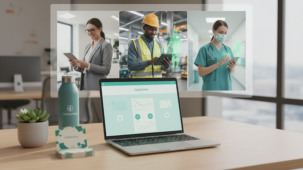 Eye-level view of a modern office workspace with a laptop and wellness materials
