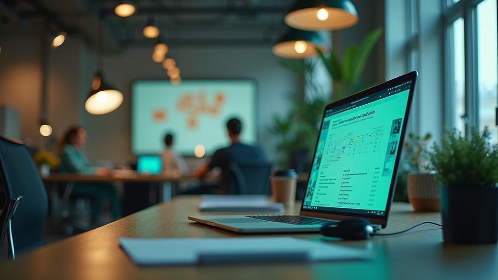 Eye-level view of a modern office workspace with a laptop and headset