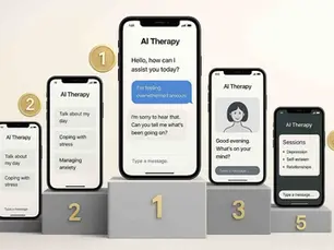 Five smartphones display AI Therapy apps on a podium. Messages discuss stress, anxiety, and more, numbered 1 to 5. Neutral tones.