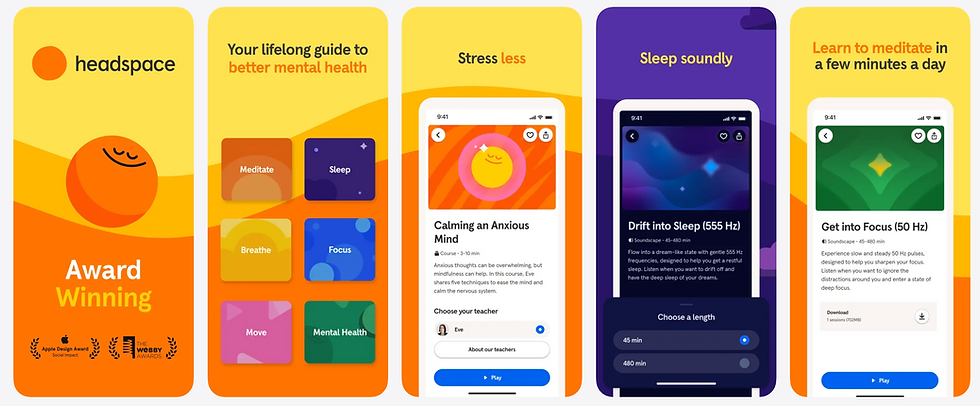 Headspace app promo with colorful panels, meditating face logo, features like meditating, sleeping, focus sessions, and award mentions.