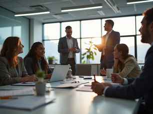 Business meeting with five people in a bright office, engaged in discussion. A man presents while others listen. Sunlight through windows.