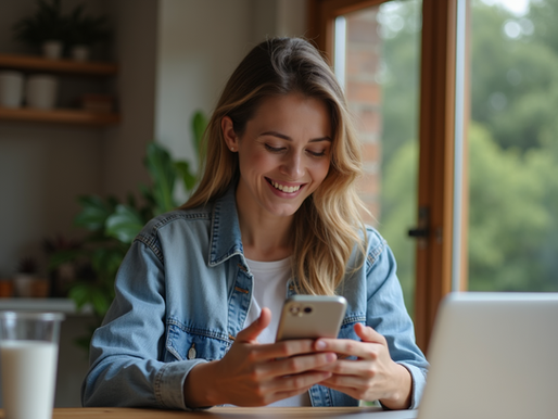 Smiling woman in a denim jacket using a smartphone at a table with a laptop and glass of milk, plants in the background, sunny setting.
