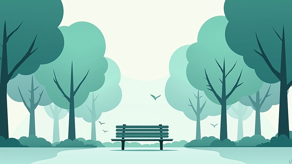 Eye-level view of a calm park bench surrounded by green trees