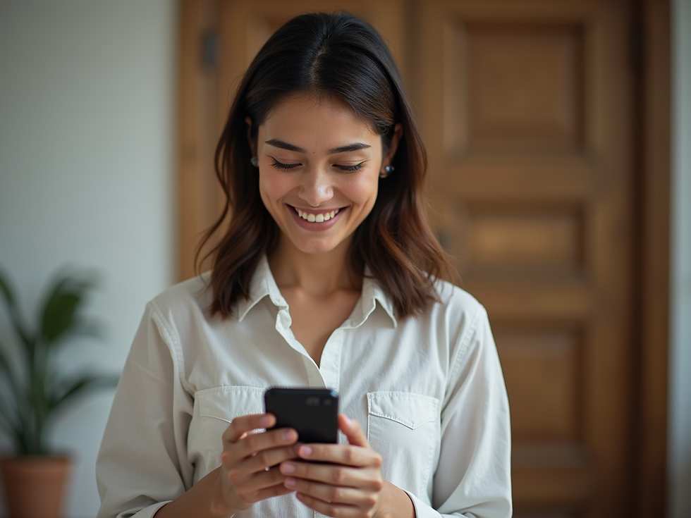 Woman in a white shirt smiling at her phone indoors, with a wooden door and potted plant in the background, creating a happy mood.