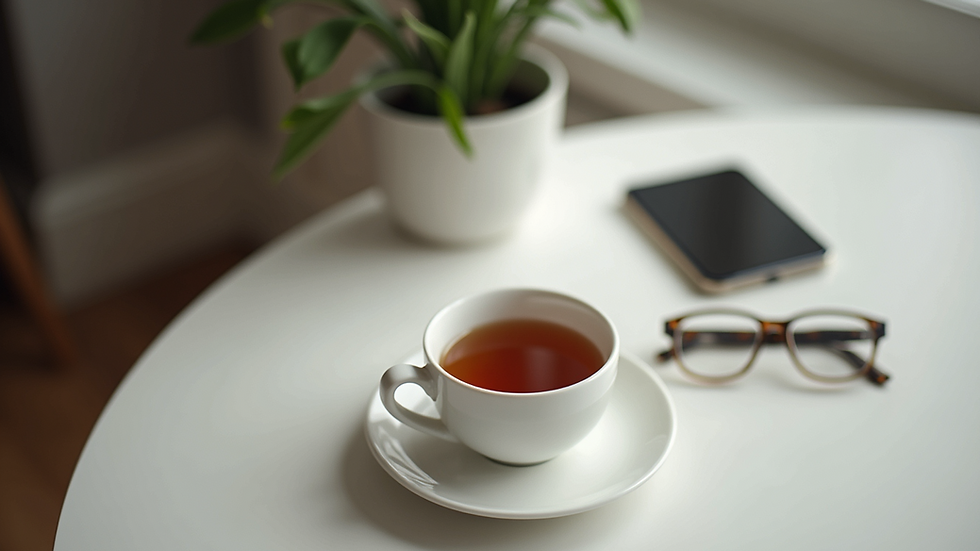 High angle view of a neatly organized workspace with a cup of tea