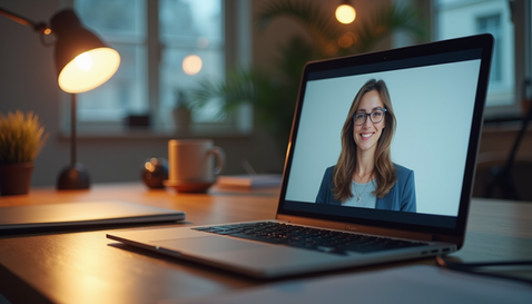 Eye-level view of a modern office workspace with a laptop displaying a video call interface