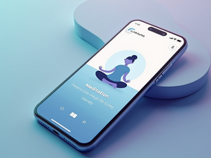 Smartphone displaying a meditation app with a serene illustration and text. Minimalistic design with calming blue and purple hues.