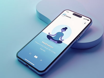 Smartphone displaying a meditation app with a serene illustration and text. Minimalistic design with calming blue and purple hues.