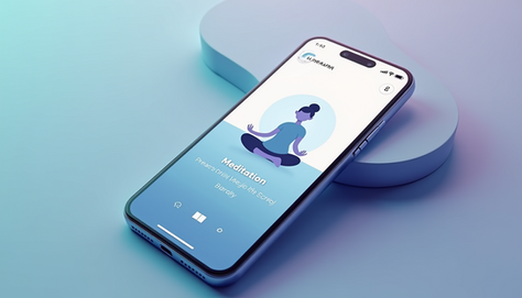 Smartphone displaying a meditation app with a serene illustration and text. Minimalistic design with calming blue and purple hues.