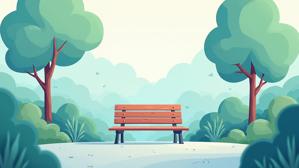 High angle view of a peaceful outdoor park bench surrounded by greenery
