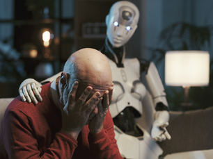 A robot comforts a man in a red sweater, who is holding his head in his hands. The setting is a dimly lit room with a lamp.