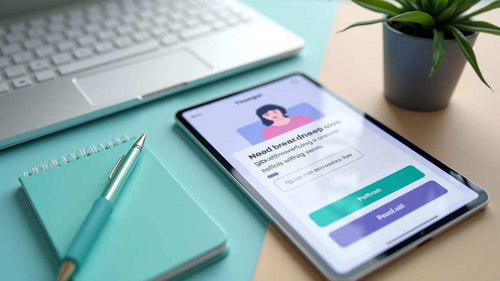 High angle view of a notebook and tablet on a desk with a mental health app open