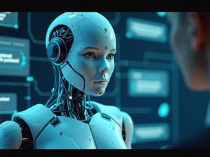 A humanoid robot and a person converse in a futuristic setting. Blue tones dominate, with data screens in the background.