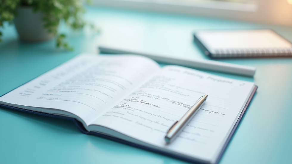 High angle view of a notebook with stress management notes and a pen