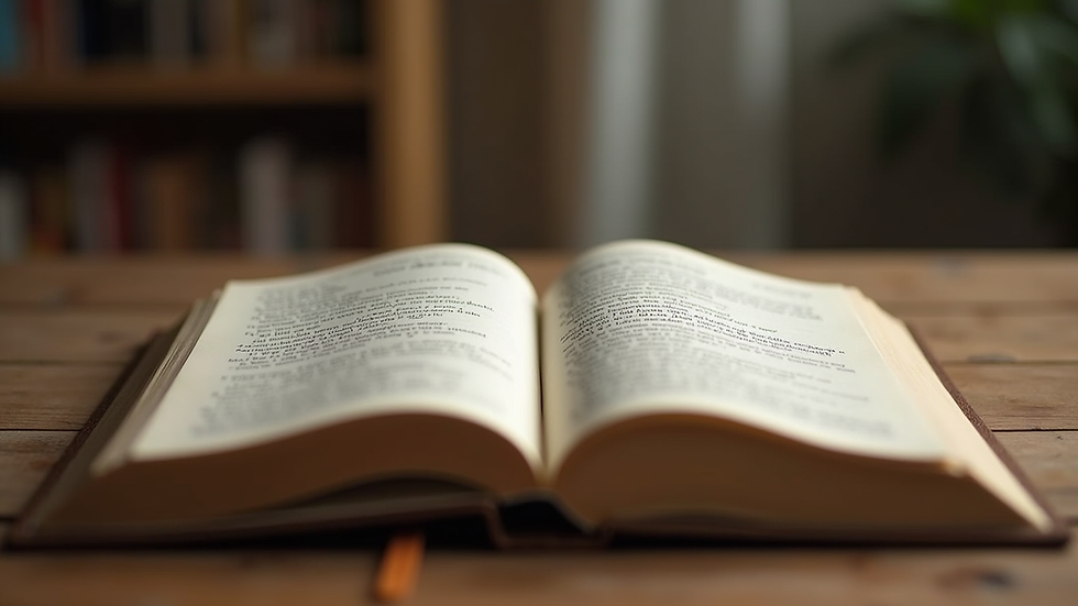 Eye-level view of an open book with poetry on a wooden table