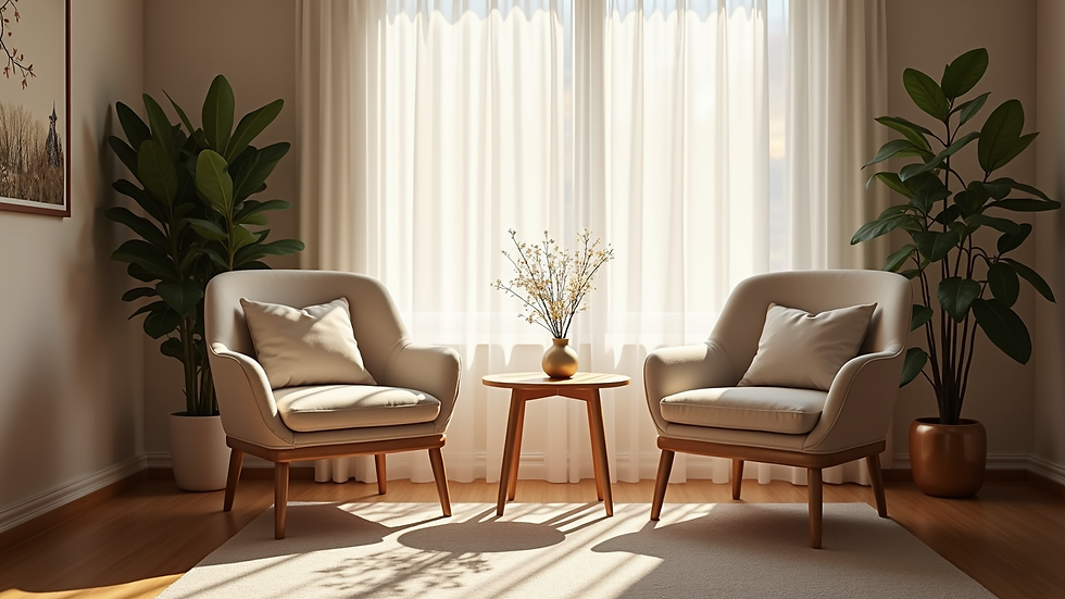 Eye-level view of a cozy therapy room with two chairs and a small table