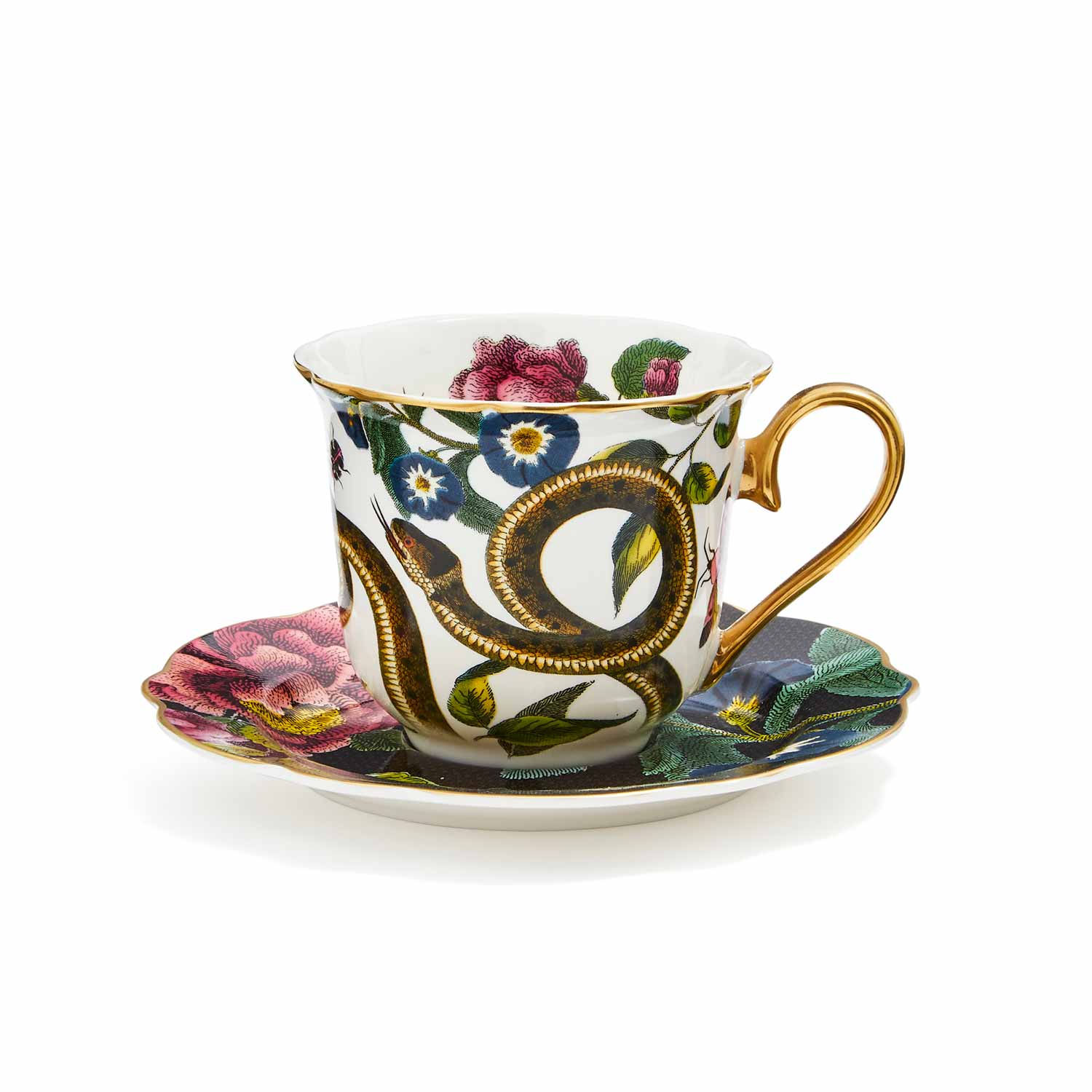 Dark Floral Teacup and Saucer (Snake/Black)