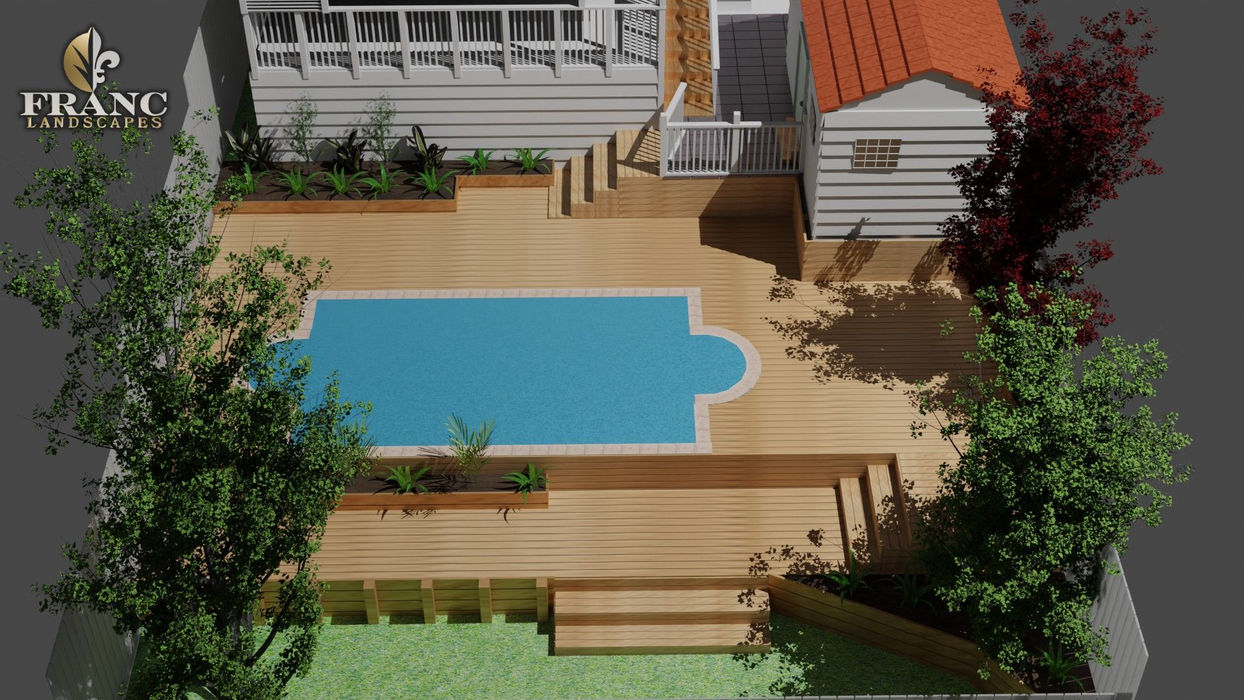 3D design render of the pool rebuild and Vitex deck, with steps down to the lawn and planted borders, Meadowbank