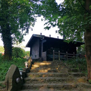 Steintreppe mit Blick zur Saunahütte