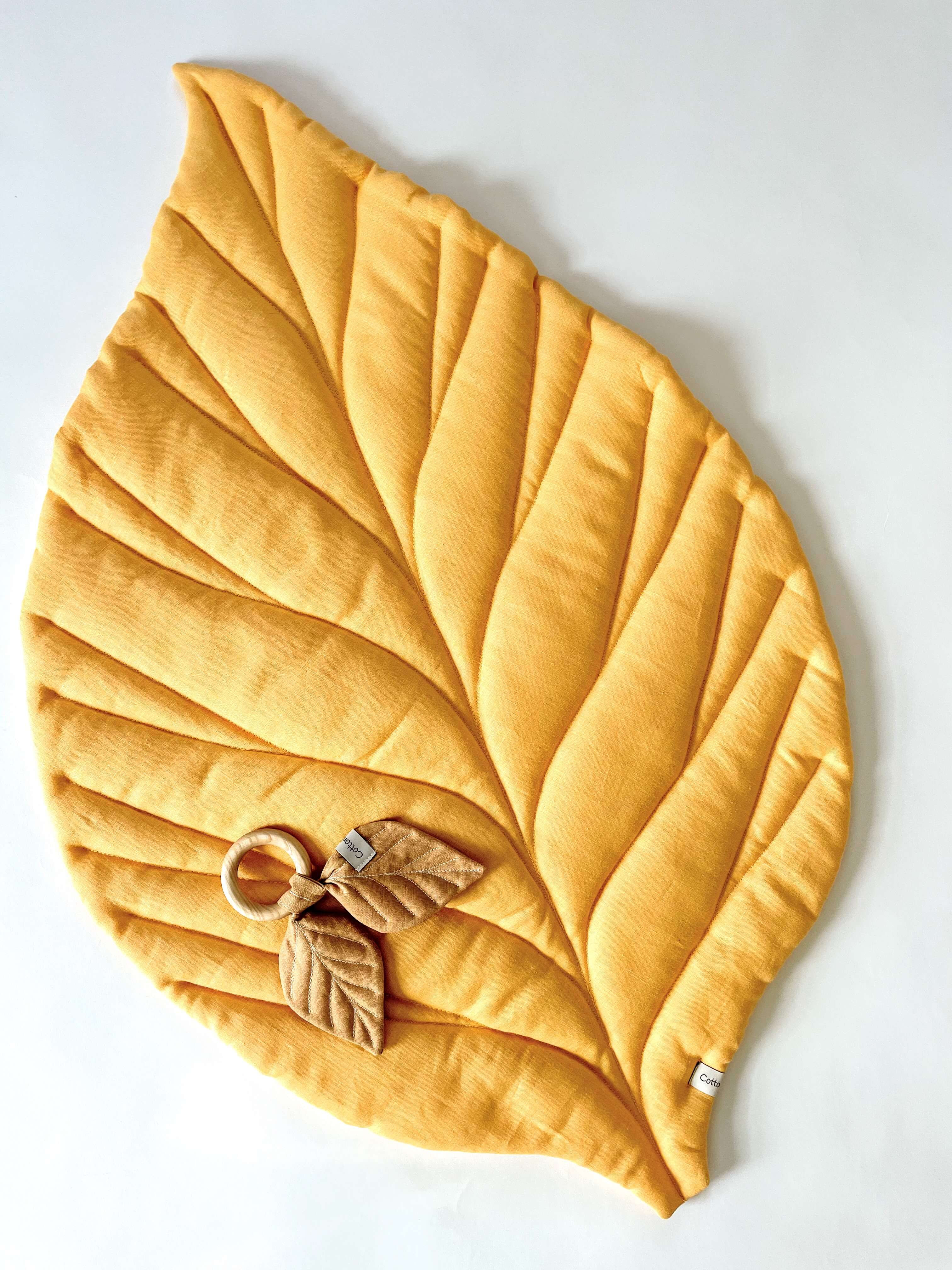 Sunny Leaf Play Mat, Jungle nursery decoration, Linen carpet, Kids play rug