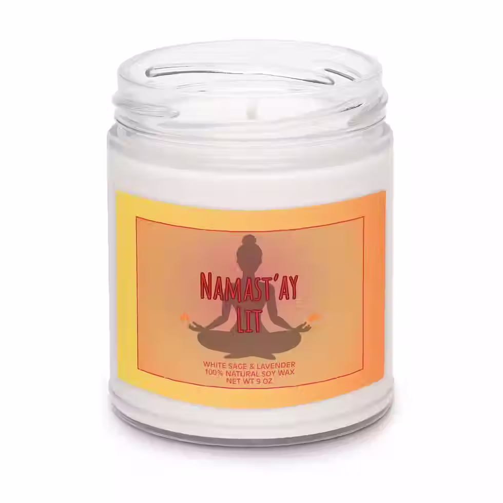 namast'ay lit candle front view yellow flame golden aura label for mindfulness and meditation wellness practice