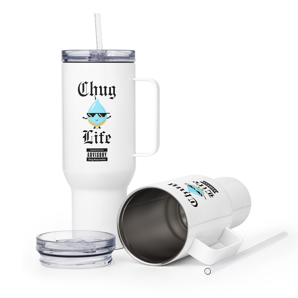 stainless steel travel mug with a handle for hydration and daily wellness chug life explicit content hydrate responsibly