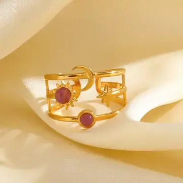 Thumbnail: Moon & Star Adjustable Ring – Gold Plated Stainless Steel