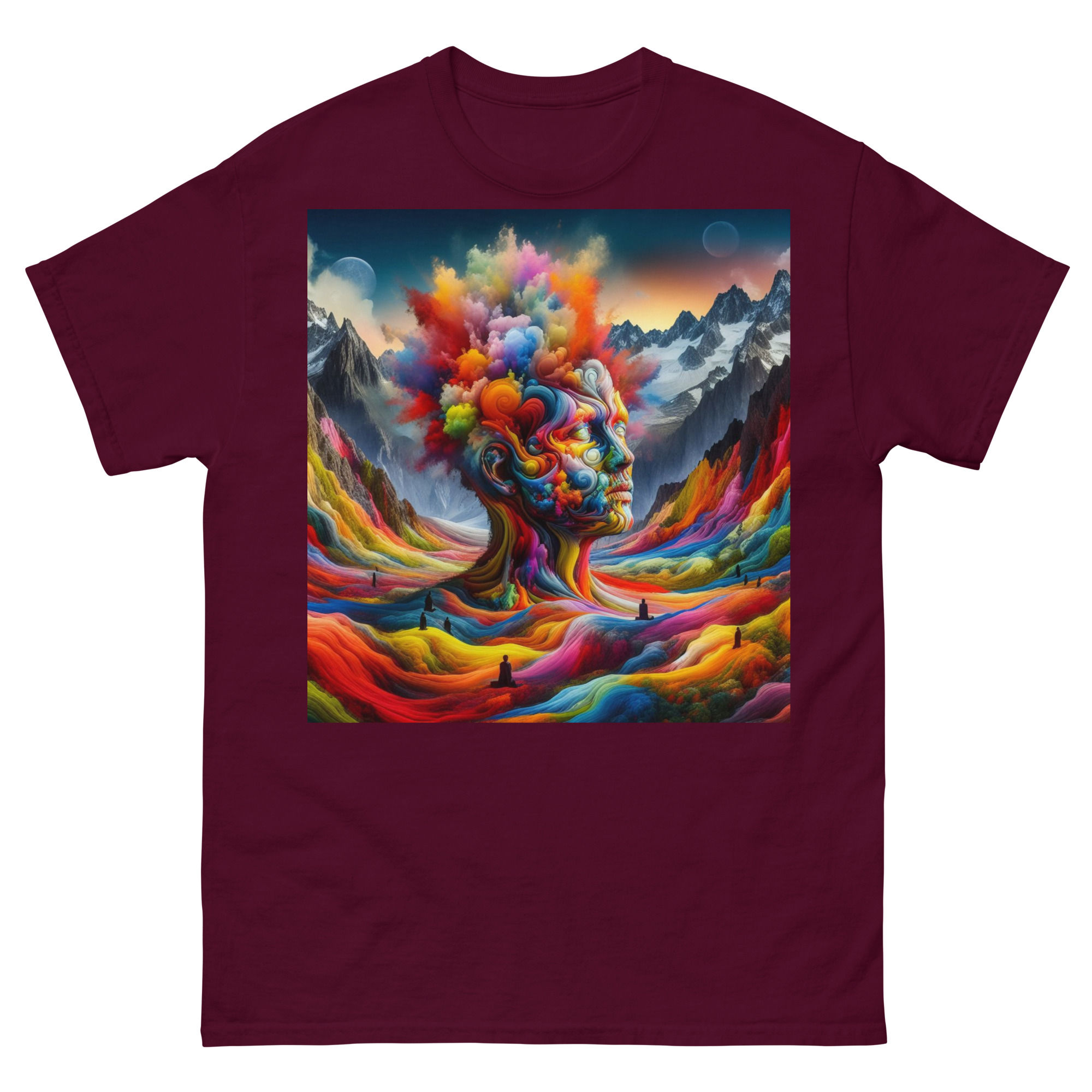 Crack open the third eye and let color flow—our Cosmic Mind-Bloom Tee splashes a rainbow river of thought across a mountain v