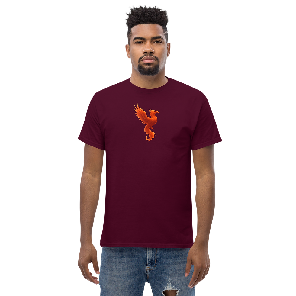 Man in maroon t-shirt featuring phoenix graphic