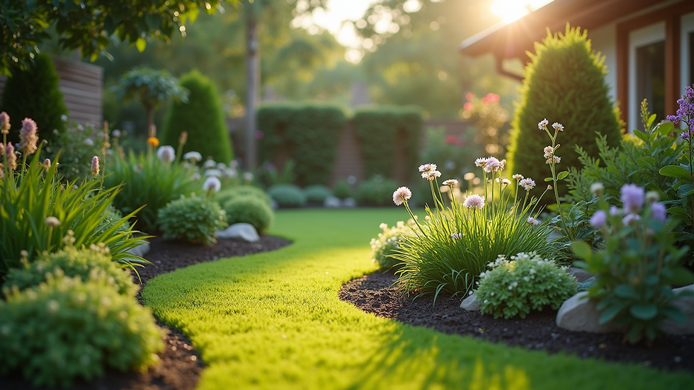 Wide angle view of a well-maintained garden with various plants