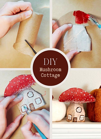 Hands craft a mushroom cottage from cardboard. Steps include cutting, painting red cap, and drawing windows. Text: "DIY Mushroom Cottage."