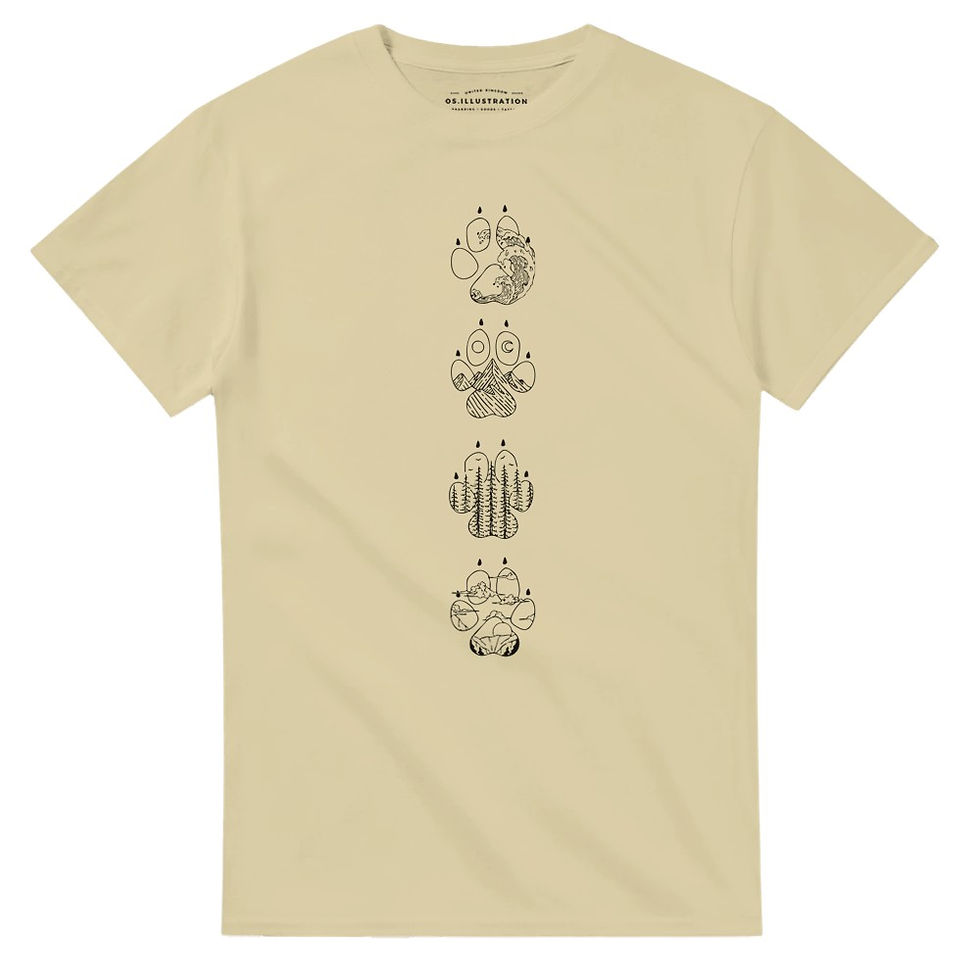 Thumbnail: dog lover, dog paw prints, nature, wave mountian, sea illustrated in fine line on a heavyweight t-shirt by Os illustration