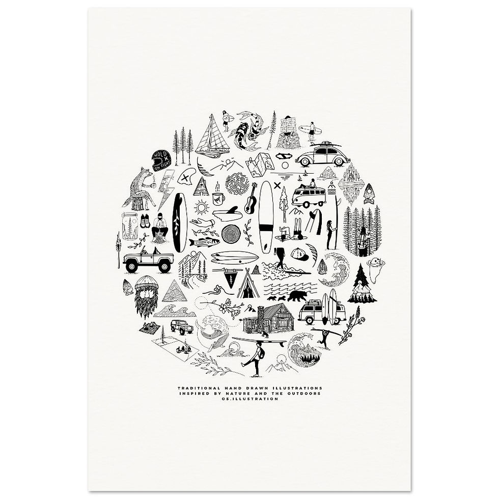 Thumbnail: adventure drawings, outdoors surf, camping nature illustrated in fine line on a Giclee art print by Os illustration