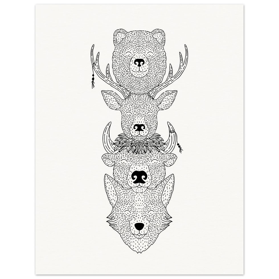 Thumbnail: totem bear, fox, stag, bison, illustrated in fine line on a Giclee art print by Os illustration
