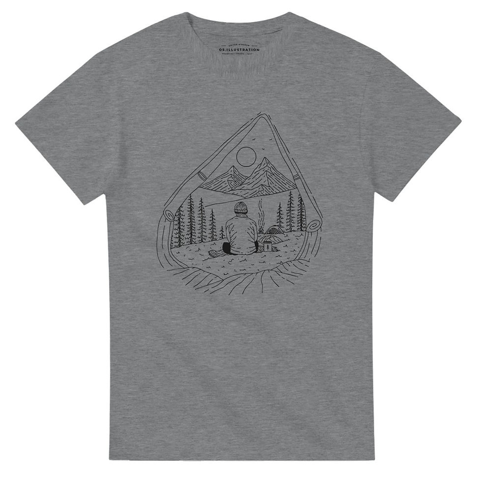Thumbnail: camping man sat in tent in mountians nature, adventure,  illustrated in fine line on a heavyweight t-shirt by Os illustration