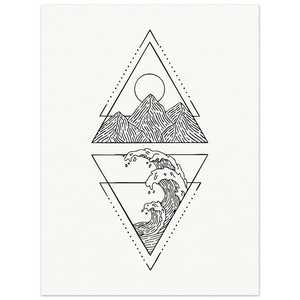 Thumbnail: Geometric waves and mountains, sea, nature , adventure illustrated in fine line on a Giclee art print by Os illustration