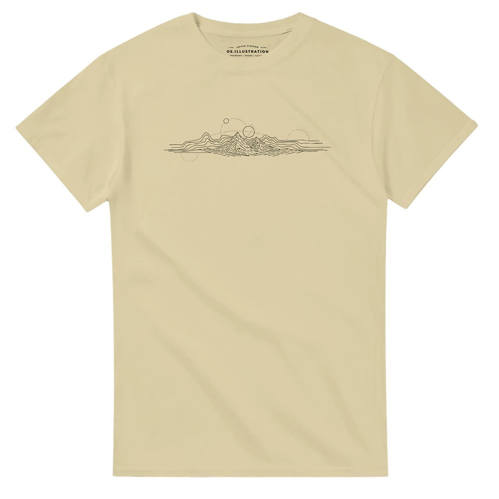 Thumbnail: mountain range with space galaxy nature adventure design illustrated in fine line on a heavyweight t-shirt by Os illustration