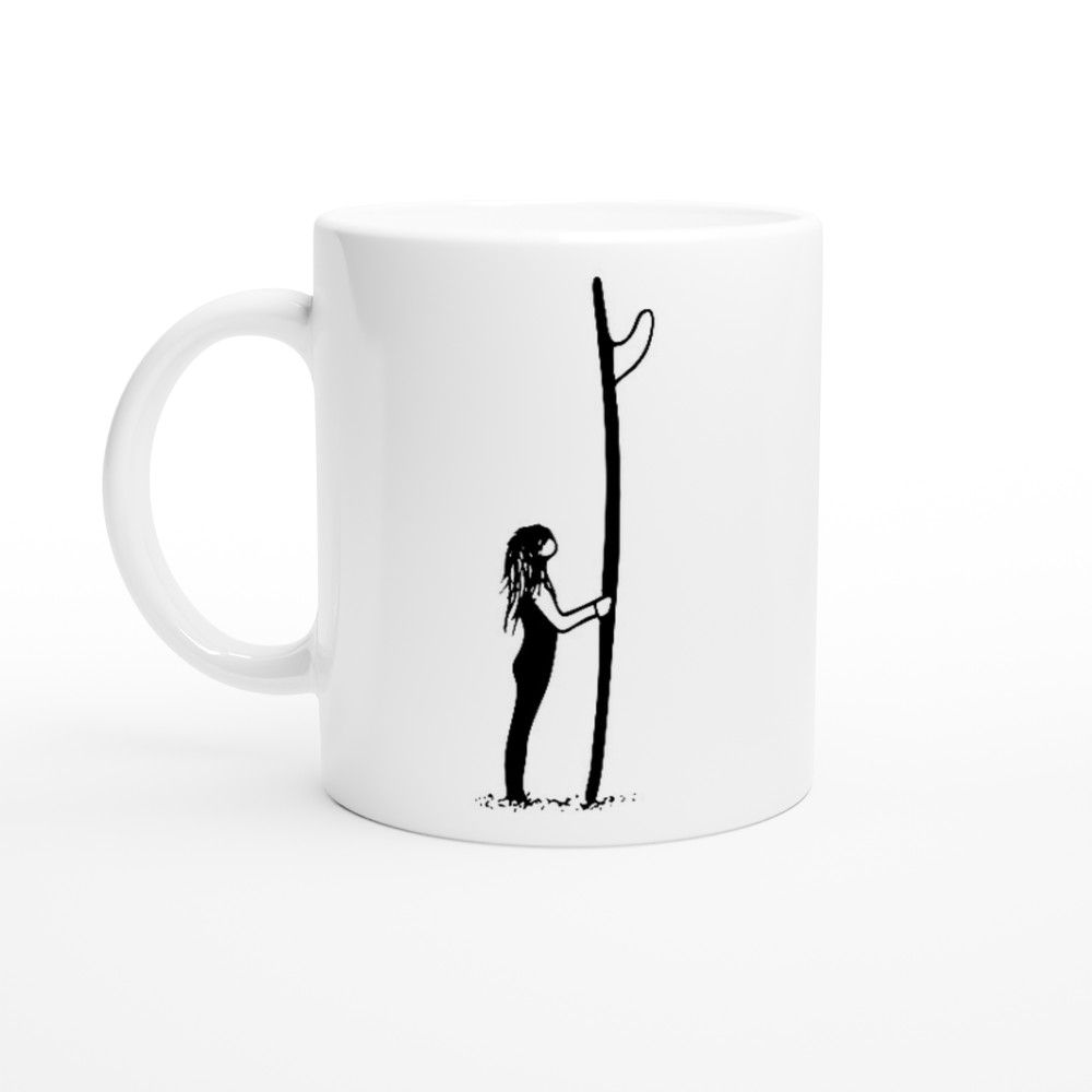 Ceramic mug featuring a fine line illustration of a girl holding a surfboard by Os illustration