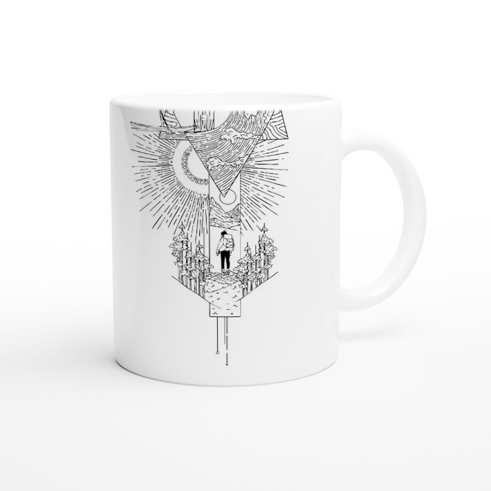 Thumbnail: adventure, hiking, running, nature, outdoors, mountains ,sea  illustrated in fineline, ceramic mug,  Os illustration