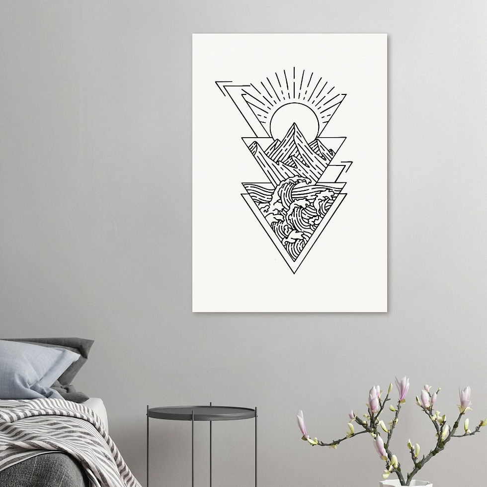 Thumbnail: geometric traingle, waves, mountians , sun, nature design illustrated in fine line on a Giclee art print by Os illustration