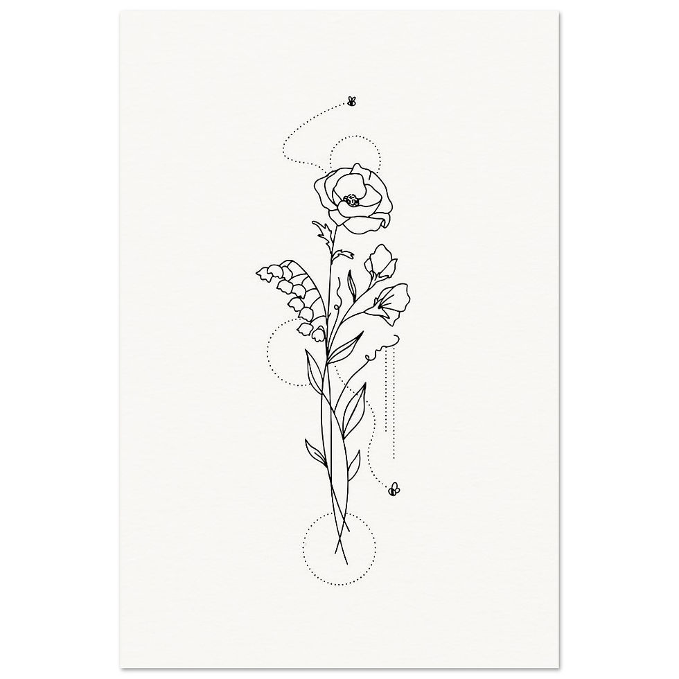 Thumbnail: flower design geometric detailed floral bouquet, bee illustrated in fine line on a Giclee art print by Os illustration