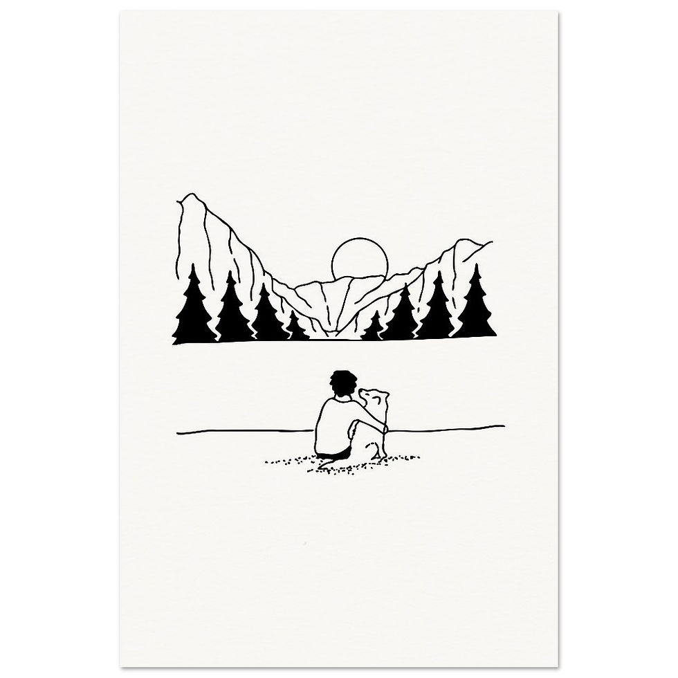 Thumbnail: person and dog  sitting in mountains nature design illustrated in fine line on a Giclee art print by Os illustration