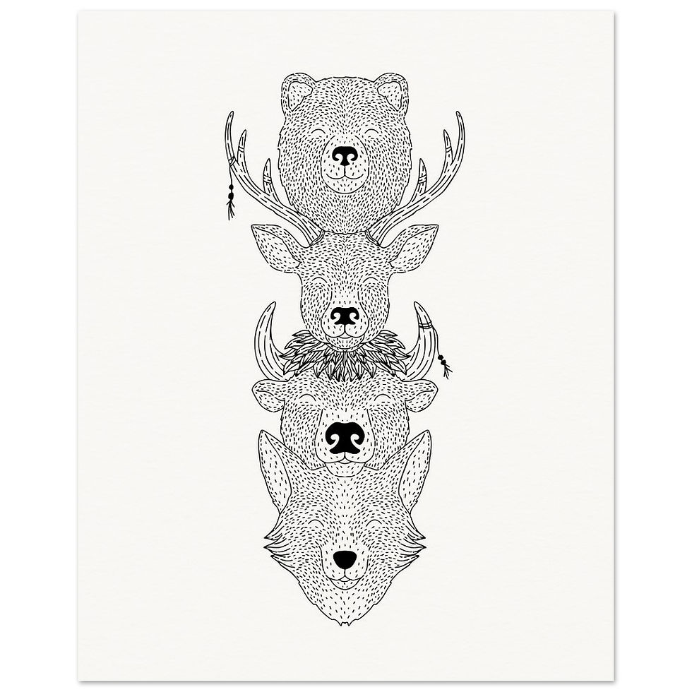 Thumbnail: totem bear, fox, stag, bison, illustrated in fine line on a Giclee art print by Os illustration