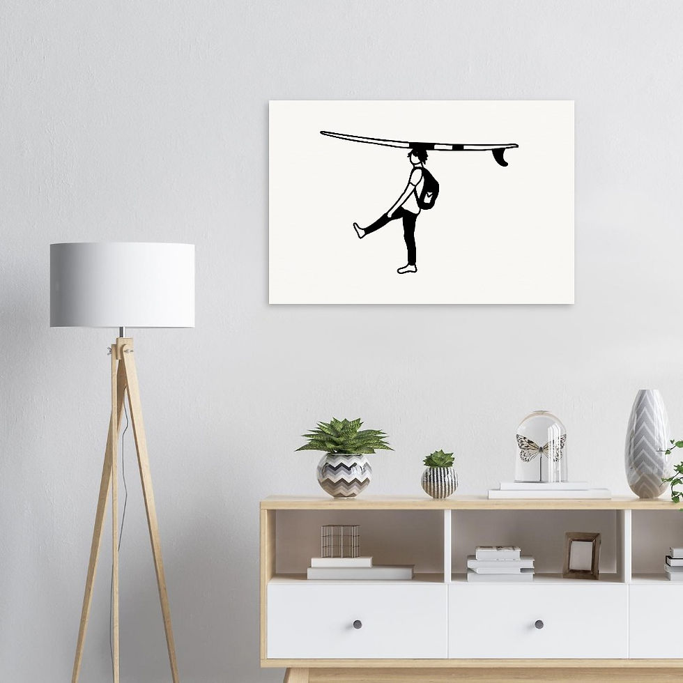 Thumbnail: surfer with surfboard balanced on head waves surfing illustrated in fine line on a Giclee art print by Os illustration