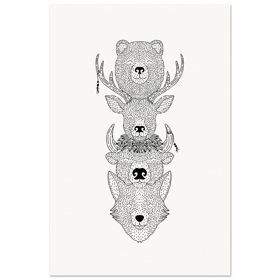 Thumbnail: totem bear, fox, stag, bison, illustrated in fine line on a Giclee art print by Os illustration