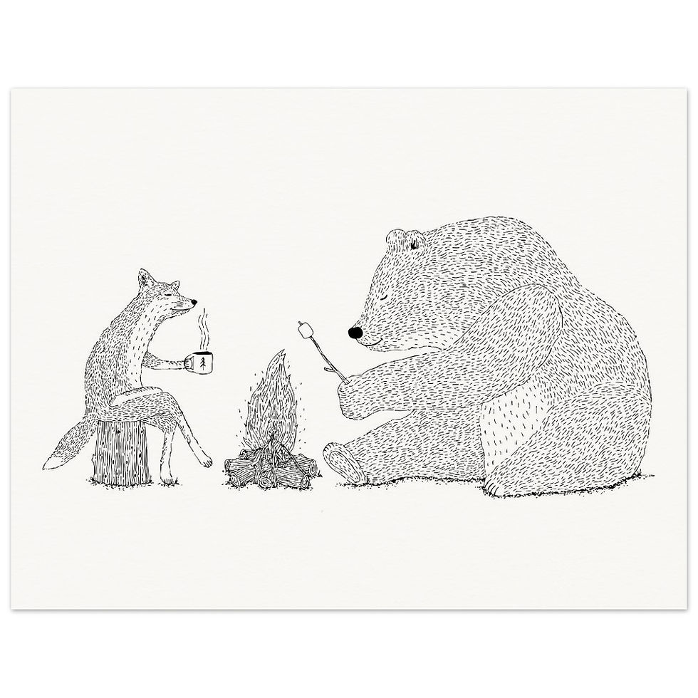Thumbnail: fox and bear camping by fire illustrated in fine line on a Giclee art print by Os illustration
