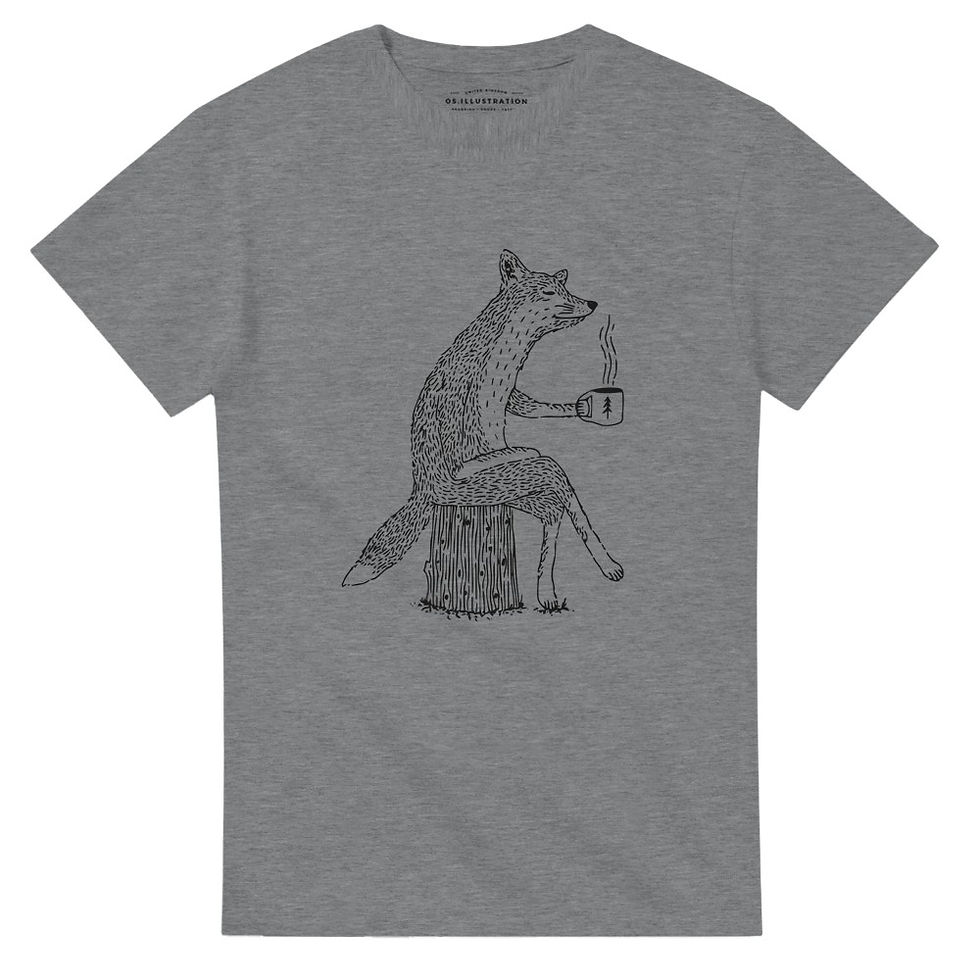 Thumbnail: fox sitting drinking coffee in nature fox lover design,  illustrated in fine line on a heavyweight t-shirt by Os illustration