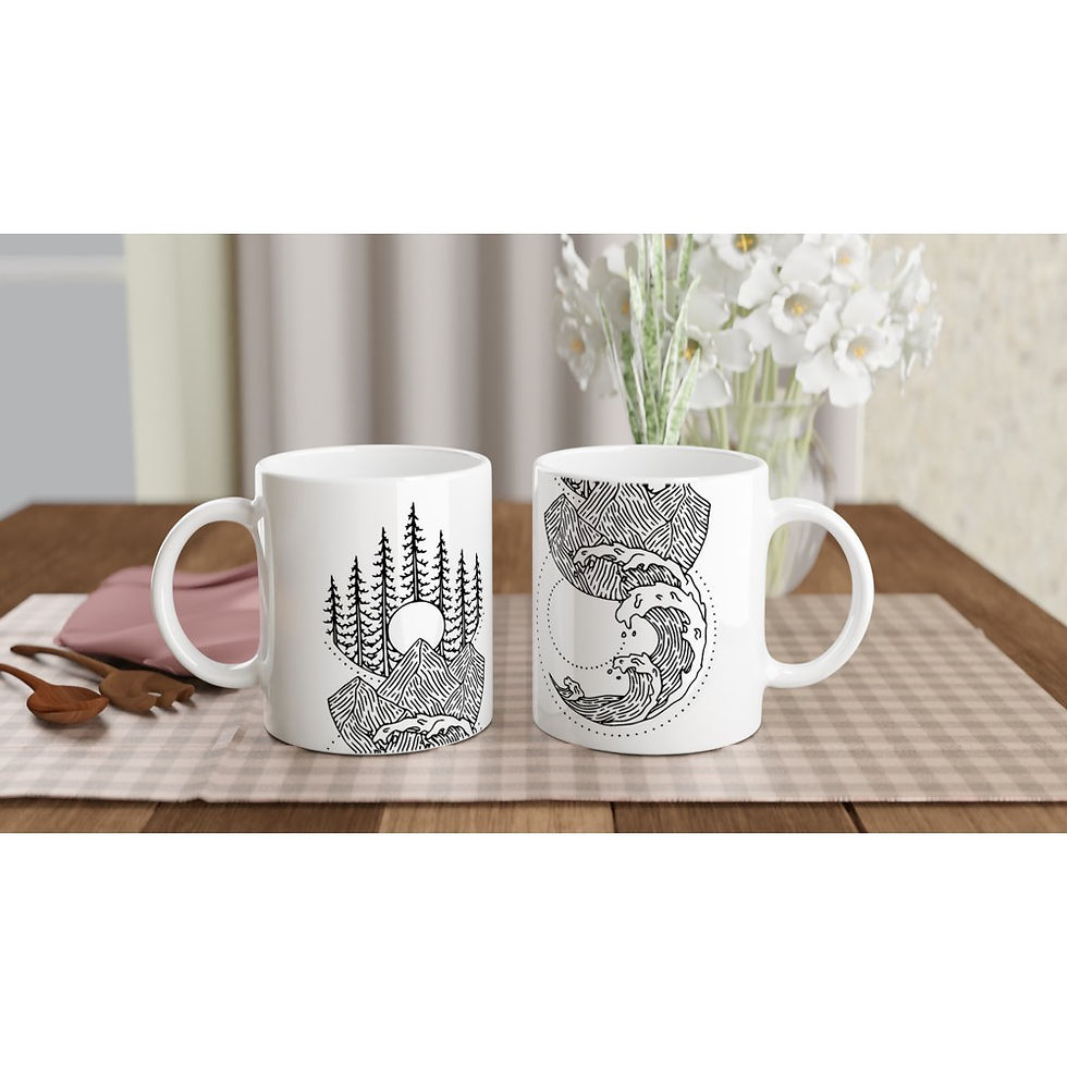 Thumbnail: geometric vertical nature sea mountians trees illustrated in fine line on a ceramic mug by Os illustration