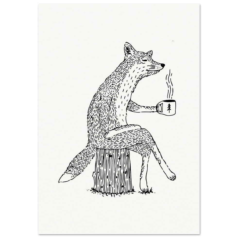 Thumbnail: fox sitting drinking coffee in nature fox lover design, illustrated in fine line on a Giclee art print by Os illustration