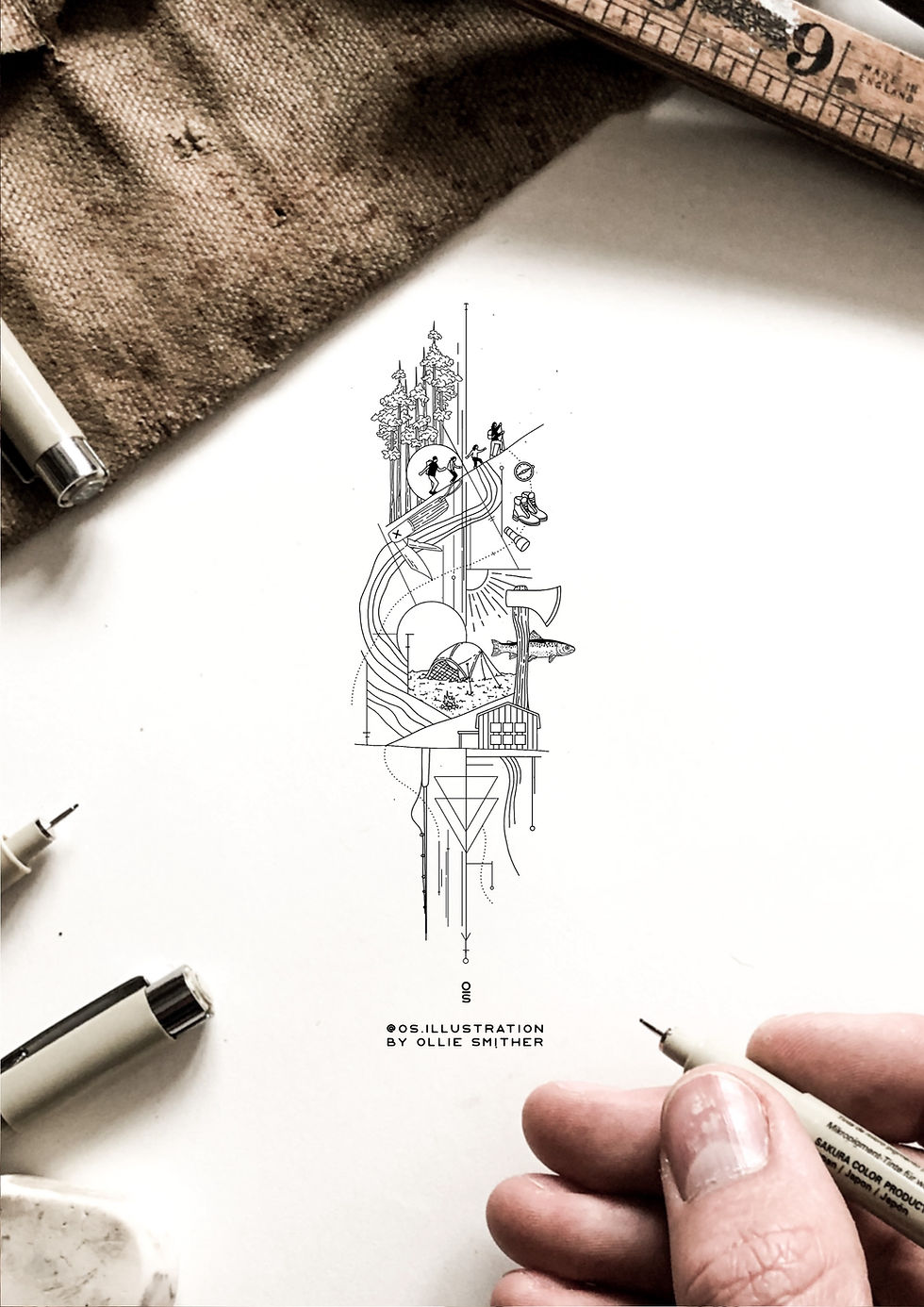 Thumbnail: Custom tattoo design commission, personalised, bespoke, fine line hand drawn artwork drawing, Os illustration ollie smither
